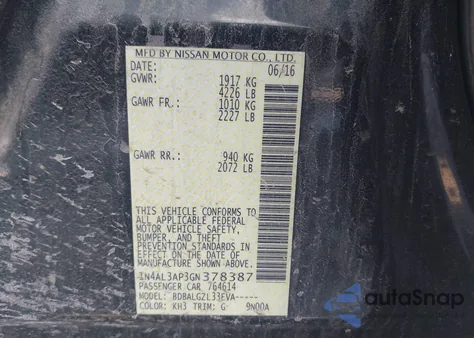 2016 Nissan Altima 2.5/2.5 S/2.5 Sl/2.5 Sr/2.5 Sv z USA, uszkodzony, nr VIN 1N4AL3AP3GN378387